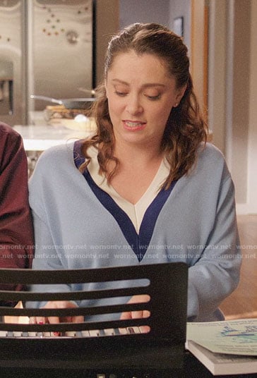 Rebecca’s blue stripe trim sweater on Crazy Ex-Girlfriend