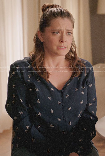 Rebecca's navy butterfly print top on Crazy Ex-Girlfriend