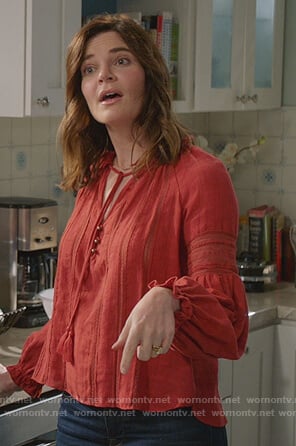 Heather's red lace trim blouse on Life in Pieces