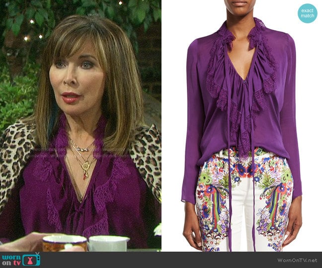 Roberto Cavalli Ruffled Self-Tie Silk Blouse worn by Kate Roberts (Lauren Koslow) on Days of our Lives