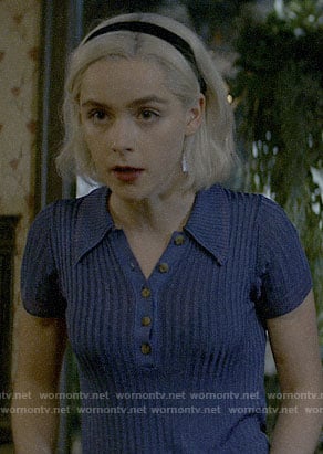 Sabrina’s blue ribbed polo top on Chilling Adventures of Sabrina