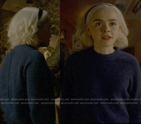 Sabrina's blue textured sweater on Chilling Adventures of Sabrina