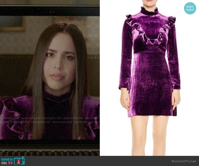 Sandro Emily Ruffled Vevlet Dress worn by Ava Jalali (Sofia Carson) on Pretty Little Liars The Perfectionists