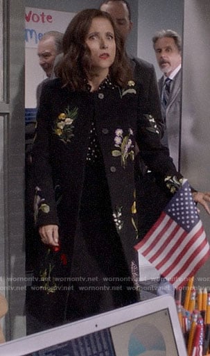 Selina's floral embroidered coat on Veep