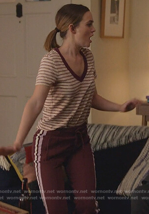 Angie's striped tee and side stripe track pants on Single Parents