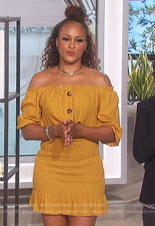 Eve’s yellow smocked mini dress on The Talk