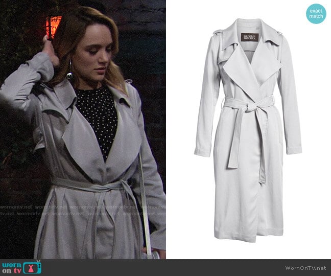 Badgley Mischka Faux Leather Trim Long Trench Coat worn by Summer Newman (Hunter King) on The Young and the Restless