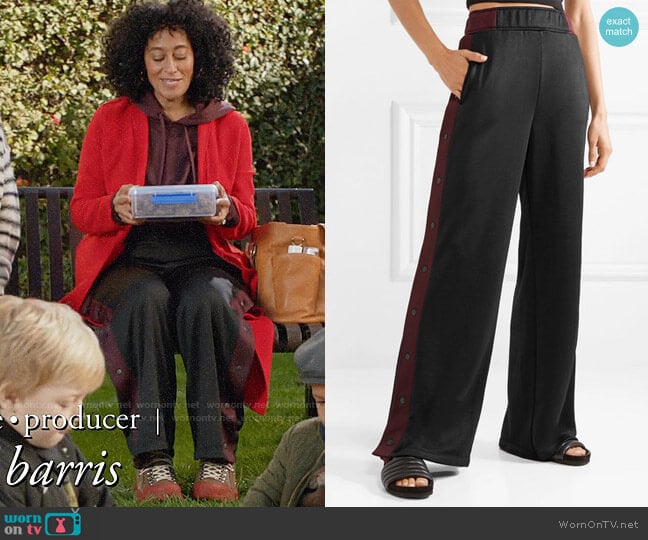 alexanderwang.t Striped coated-French terry wide-leg track pants worn by Rainbow Johnson (Tracee Ellis Ross) on Black-ish