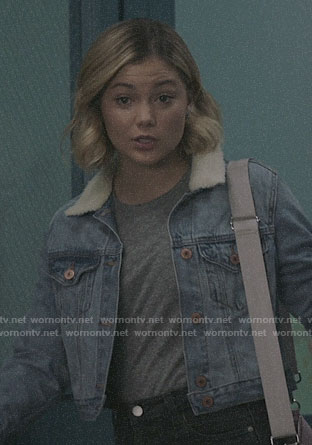 Tandy’s cropped denim jacket with shearling collar on Cloak and Dagger