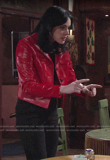 Tessa’s red shiny leather jacket on The Young and the Restless