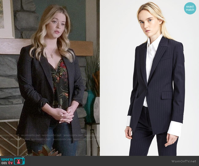 Theory Good Wool Pinstripe Long Blazer worn by Alison DiLaurentis (Sasha Pieterse) on PLL The Perfectionists