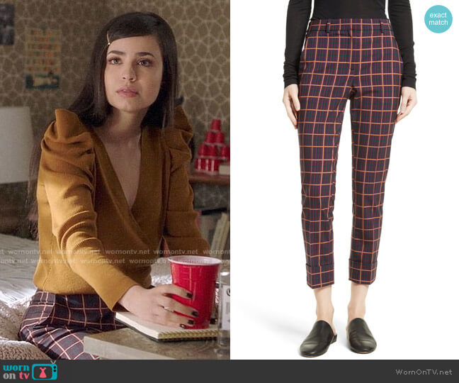Theory York Plaid Cuffed Crop Pants worn by Ava Jalali (Sofia Carson) on PLL The Perfectionists