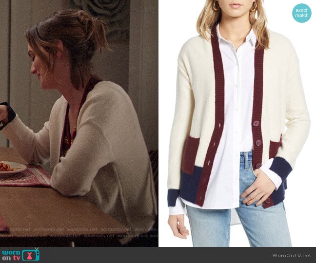 Colorblock V-Neck Cardigan by Treasure & Bond worn by Angie (Leighton Meester) on Single Parents