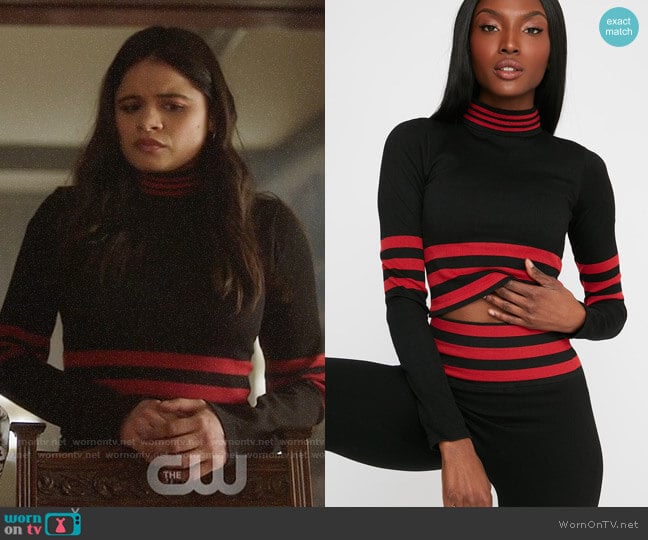 Urban Planet Ribbed Mock Neck Contrast Striped Cropped Long Sleeve worn by Mel Vera (Melonie Diaz) on Charmed