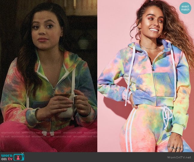 Urban Planet Sommer Ray Tie-Dye Cropped Side Stripe Zip-Up Drawstring Hoodie worn by Maggie Vera (Sarah Jeffery) on Charmed