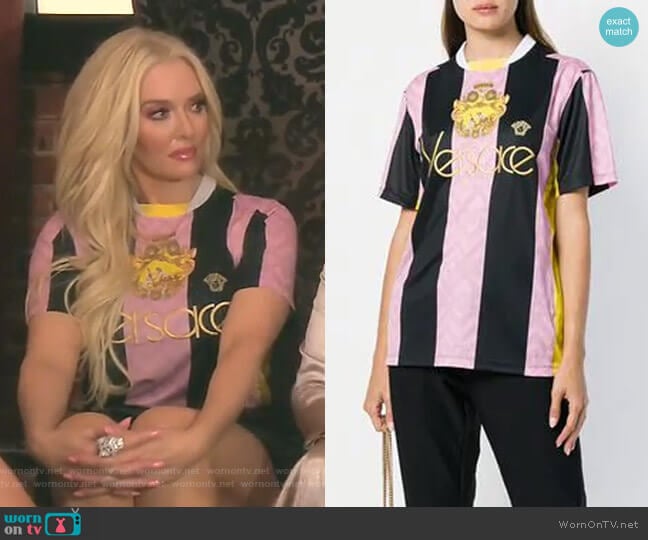 Embroidered Logo Football T-shirt by Versace worn by Erika Jayne on The Real Housewives of Beverly Hills