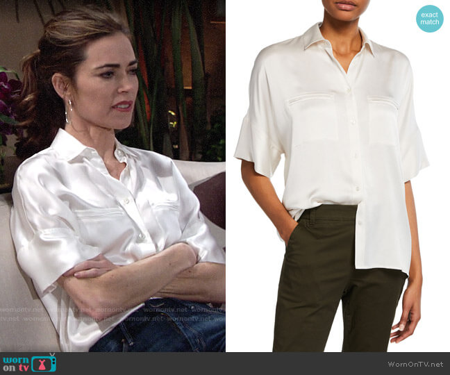 Vince Button-Down Silk Satin Blouse worn by Victoria Newman (Amelia Heinle) on The Young and the Restless