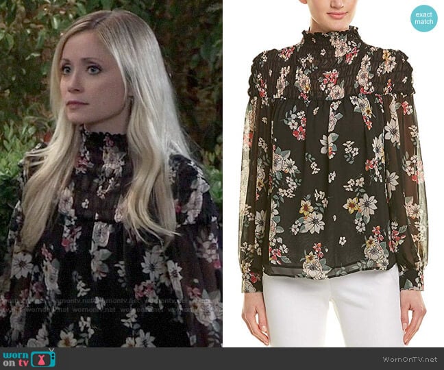 Vince Camuto Floral Story Smocked Mock Neck Blouse worn by Lulu Spencer Falconeri (Emme Rylan) on General Hospital