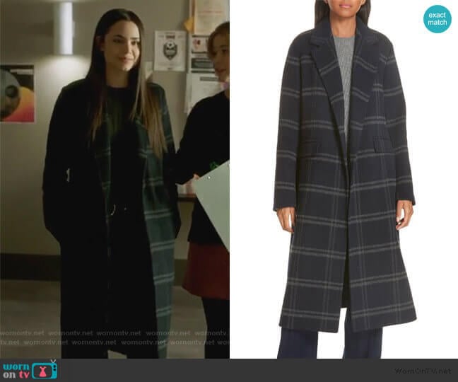 Shadow Plaid Coat by Vince worn by Ava Jalali (Sofia Carson) on Pretty Little Liars The Perfectionists