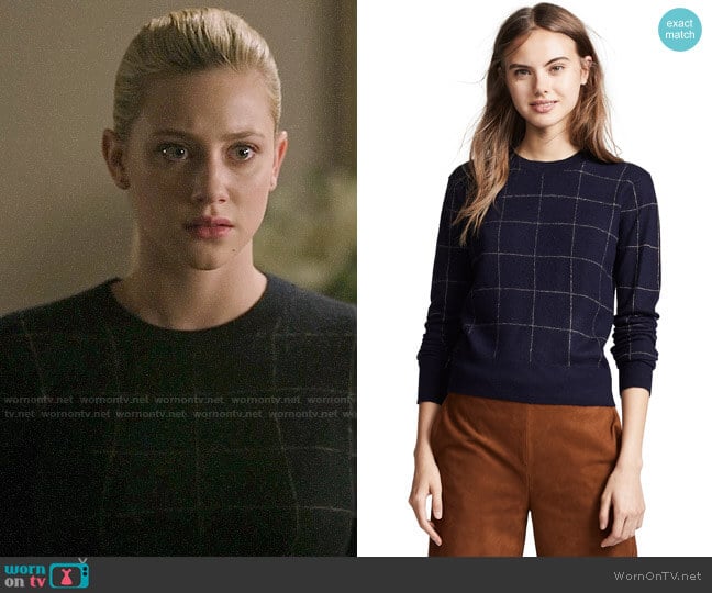 Vince Windowpane Check Cashmere Sweater worn by Betty Cooper (Lili Reinhart) on Riverdale