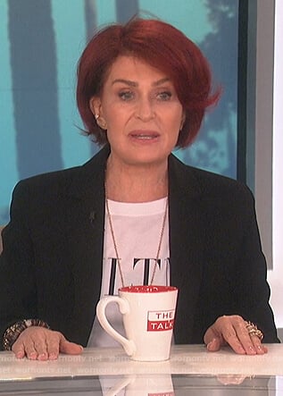 Sharon’s white Valentino logo tee on The Talk