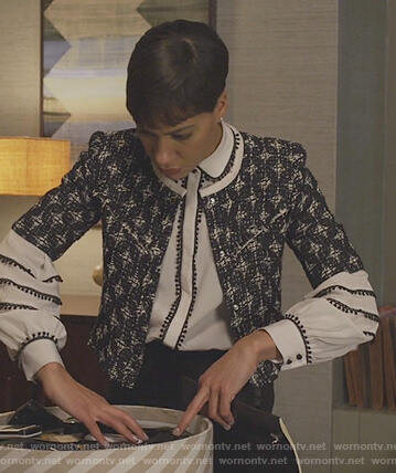Lucca's white contrast trim blouse on The Good Fight