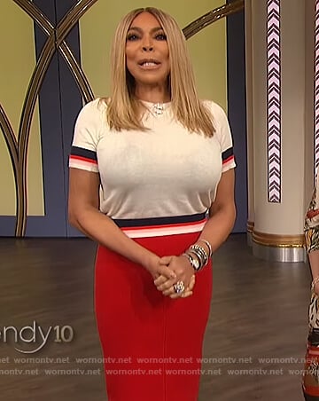 Wendy's white striped trim sweater on The Wendy Williams Show