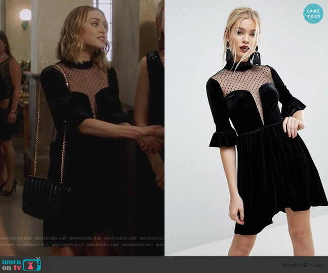 Velvet & Dobby Mix Deep Plunge Skater Mini Dress by ASOS worn by Taylor Hotchkiss (Hayley Erin) on PLL The Perfectionists