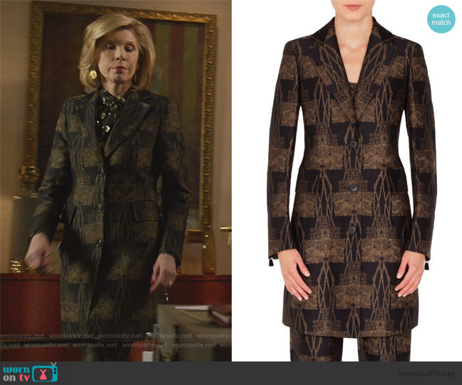 Todd Button-Front Fruit of Vienna Metallic-Jacquard Coat by Akris worn by Diane Lockhart (Christine Baranski) on The Good Fight