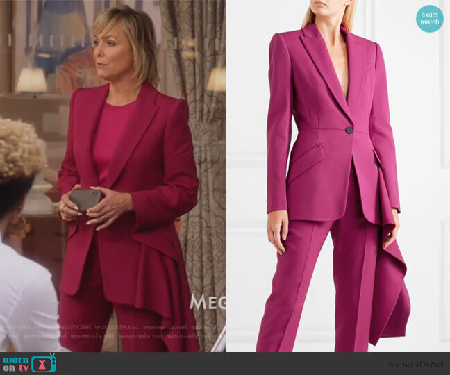 Asymmetric wool-blend blazer by Alexander McQueen worn by Jacqueline (Melora Hardin) on The Bold Type