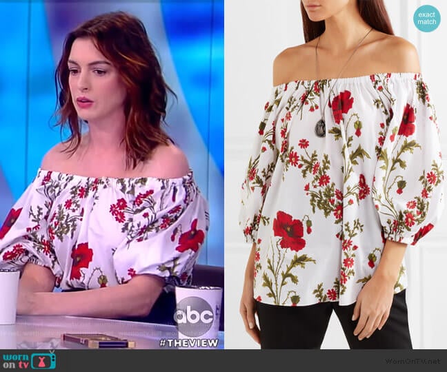 Off-the-shoulder floral-print top by Alexander McQueen worn by Anne Hathaway on The View