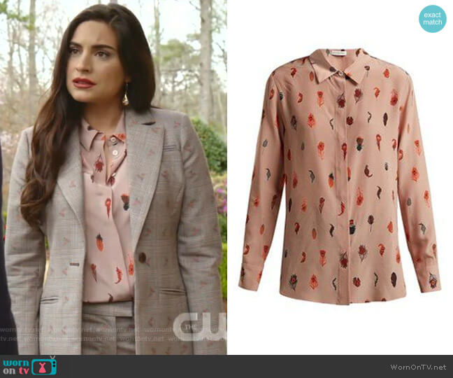 Chika peacock feather-Print Silk Blouse by Altuzarra worn by Cristal Jennings (Daniella Alonso) on Dynasty