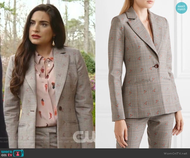 WornOnTV: Cristal’s pink feather print blouse and grey plaid suit on ...