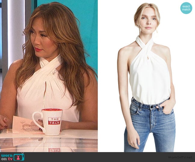 CrosBeckett Top by Amanda Uprichards Front Halter by Theory worn by Carrie Inaba on The Talk