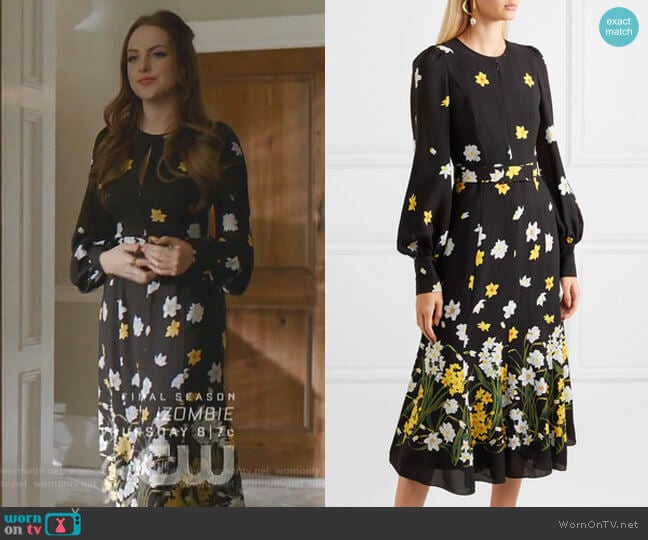 Belted Floral-Print Silk Midi Dress by Andrew Gn worn by Fallon Carrington (Elizabeth Gillies) on Dynasty