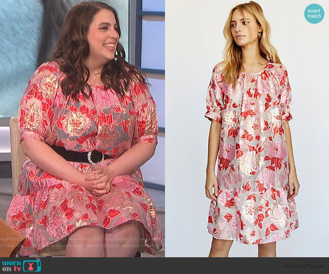 Stranger In Paradise Jacquard Dress by Anna Sui worn by Beanie Feldstein on The Talk