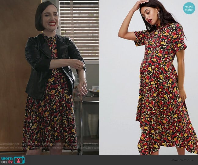 Maternity tea dress with asymmetric hem in floral print by ASOS worn by Jennifer Short (Zoe Lister-Jones) on Life in Pieces