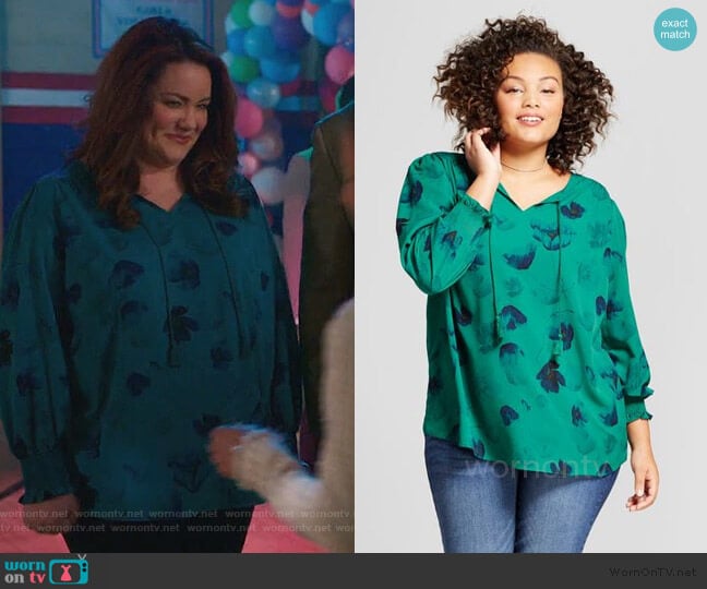 Green Floral Blouse by Ava and Viv worn by Katie Otto (Katy Mixon) on American Housewife