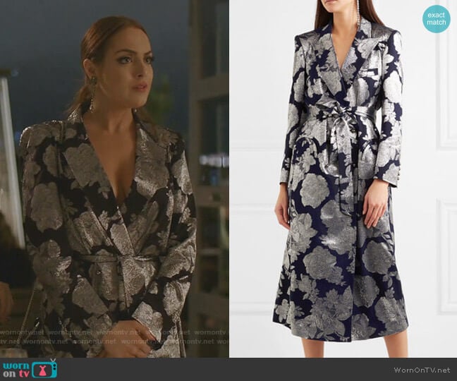 Double-Breasted Jacquard Midi Dress by Blaze Milano worn by Fallon Carrington (Elizabeth Gillies) on Dynasty