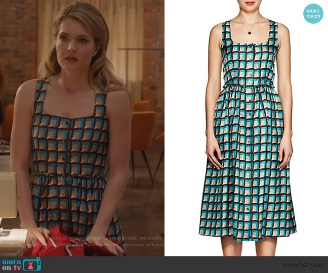 Geometric Print Silk Dress by Barneys New York worn by Sutton (Meghann Fahy) on The Bold Type