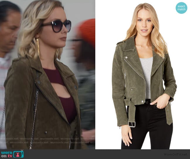 Suede Moto Jacket in Herb by Blank NYC worn by Allie Macdonald on What/If