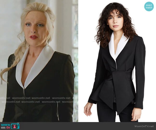 Tuxedo Peplum Jacket by Brandon Maxwell worn by Alexis Carrington (Elaine Hendrix) on Dynasty