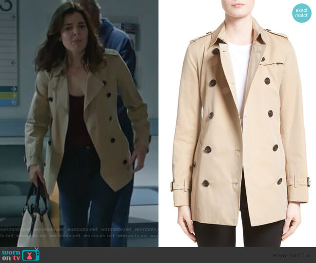 Kensington Short Trench Coat by Burberry worn by Heather Hughes (Betsy Brandt) on Life in Pieces