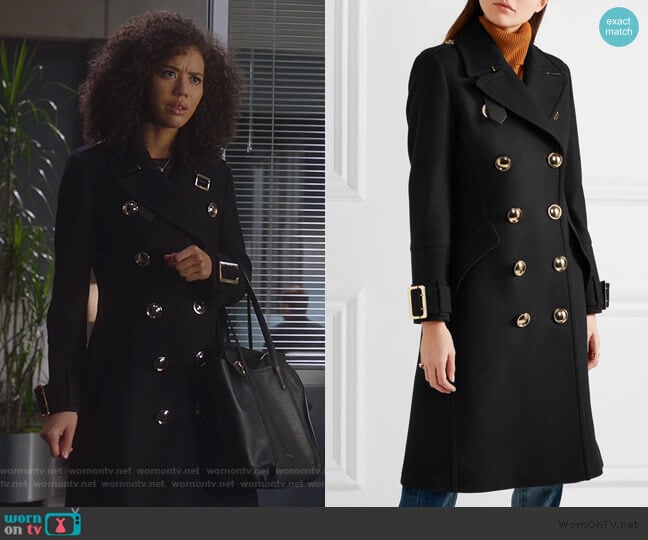 Leather-trimmed double-breasted coat by Burberry worn by Allison Adams (Jasmin Savoy Brown) on For the People