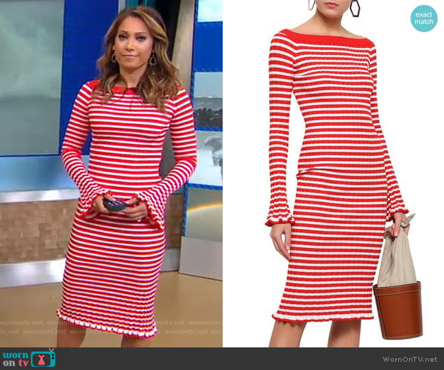 Off-the-Shoulder Striped Ribbed-Knit Dress by Caroline Constas  worn by Ginger Zee on Good Morning America