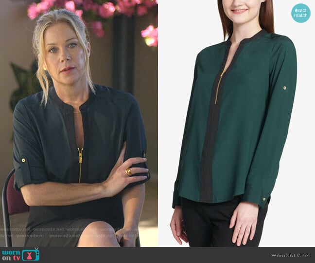 Two-tone Zip Blouse in Green by Calvin Klein  worn by Jen Harding (Christina Applegate) on Dead to Me