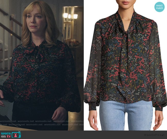 WornOnTV: Beth’s black floral tie neck blouse on Good Girls | Christina ...