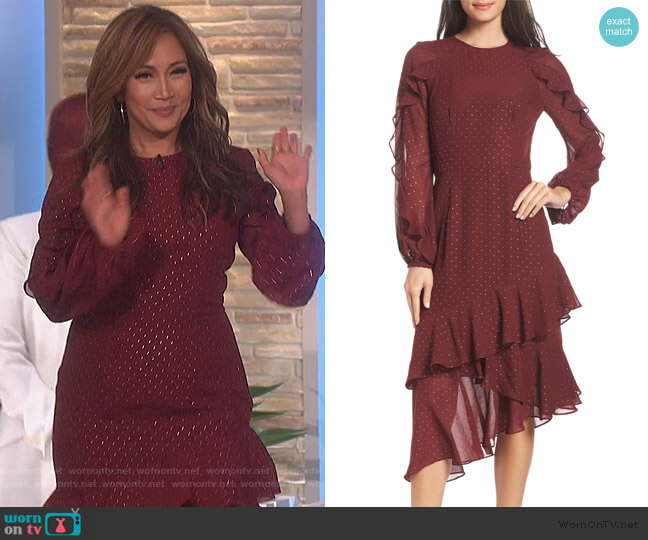 Texture Dot & Ruffle Chiffon Dress by Cooper St worn by Carrie Inaba on The Talk