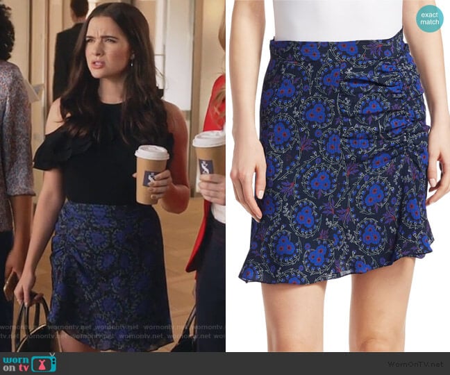 Floral-Print Ruched SIlk Mini Skirt by Derek Lam 10 Crosby worn by Jane Sloan (Katie Stevens) on The Bold Type