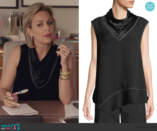 Sleeveless Satin Mock-Neck Handkerchief Blouse by Derek Lam worn by Jacqueline (Melora Hardin) on The Bold Type